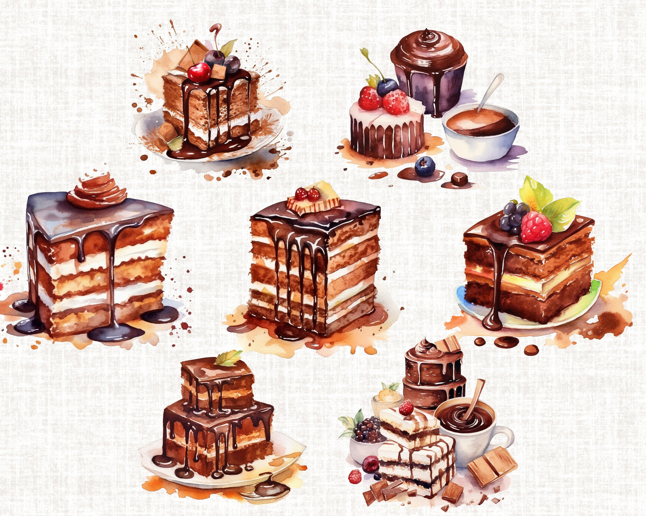 Chocolate Dessert Clipart Bundle Watercolor Chocolate Cakes - Etsy