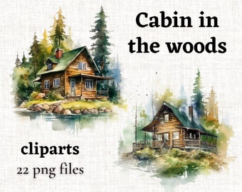 Log Cabin Bundle, Cabin in the Woods Clipart, Forest House PNG, Cabin Watercolor Clipart, Forest House Illustration, Transparent PNG