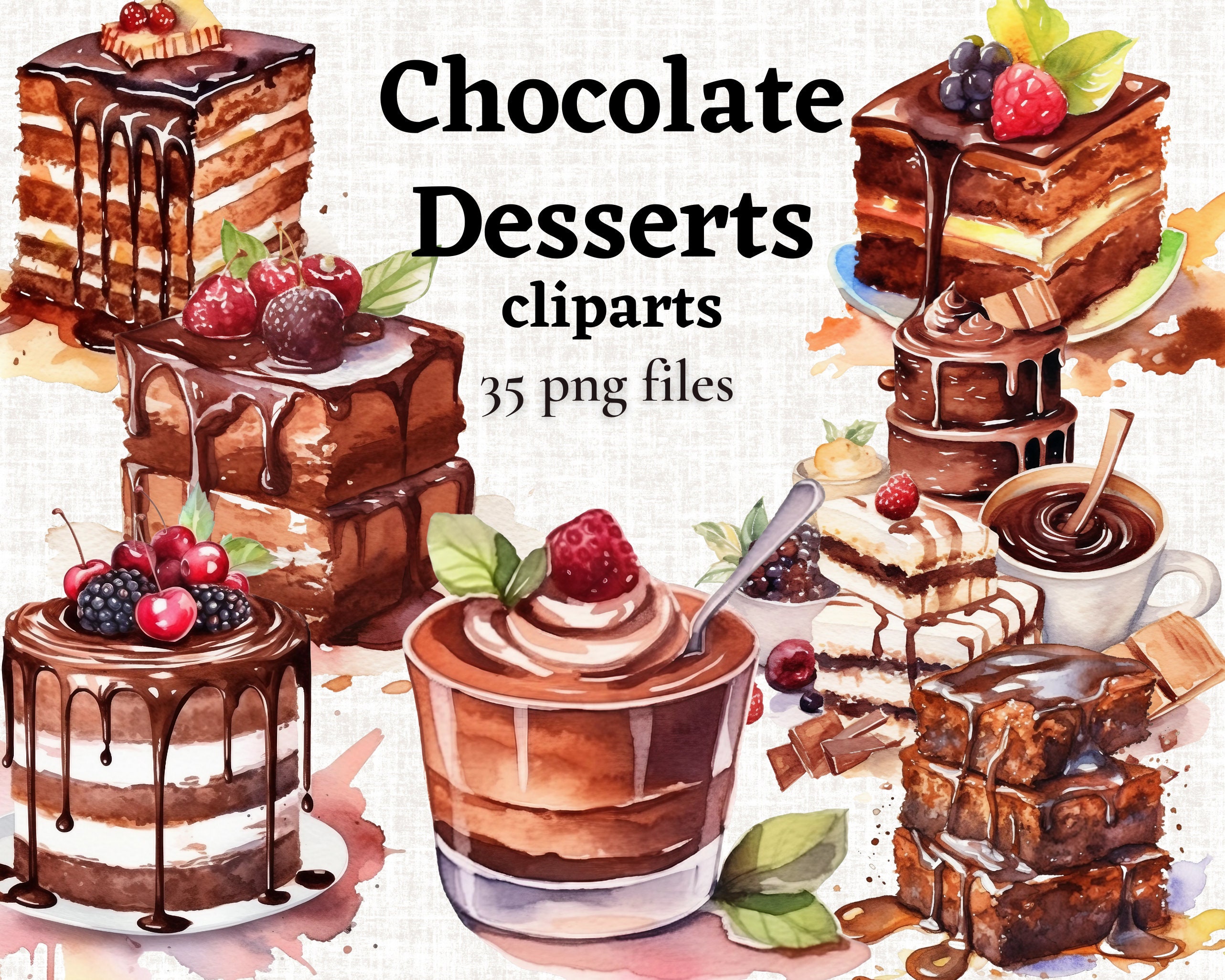 Chocolate Dessert Clipart Bundle Watercolor Chocolate Cakes - Etsy