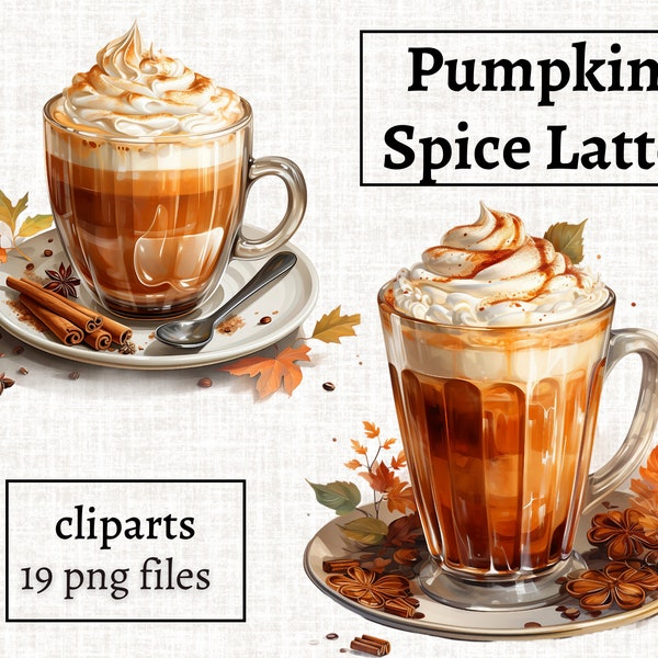 Pumpkin Spice Latte Clipart Bundle, Watercolor Coffee PNG, Fall Coffee Illustrations, Pumpkin Spice Clipart, Autumn Latte PNG, Autumn Coffee