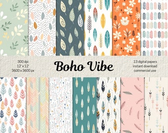 Boho Digital Papers, Bohemian Seamless Pattern for Scrapbooking and Junk Journal, Boho Backgrounds Boho Patterns, Commercial Use Papers PNG