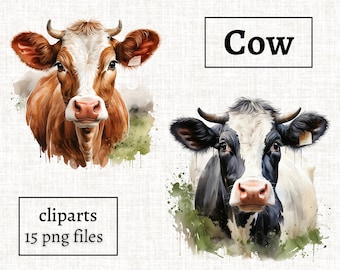 Watercolor Cow Clipart, Realistic Cow Illustration Bundle, Cow on the meadow PNG, Farm Animals Cliparts Bundle, Commercial Use, Transparent