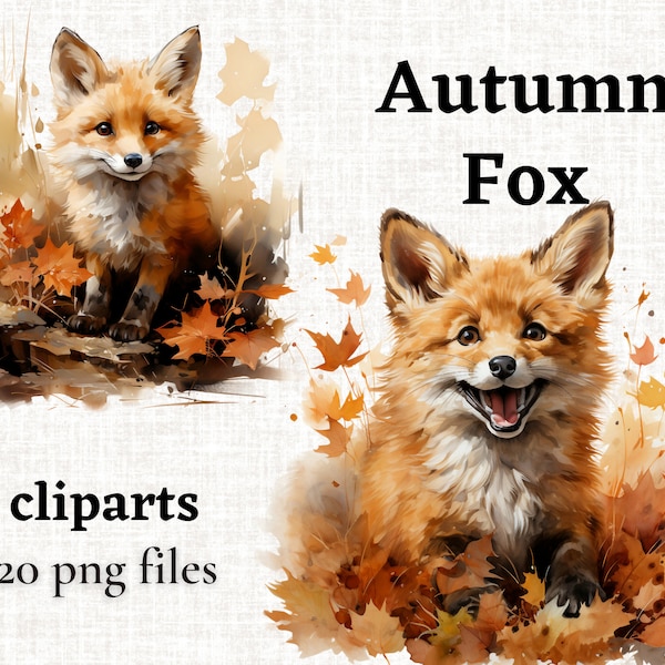 Autumn Fox Clipart, Cute Fox Images, Watercolor Fox PNG, Woodland Watercolor Graphics, Autumn Woodland Animals, Cute Animals, Commercial Use