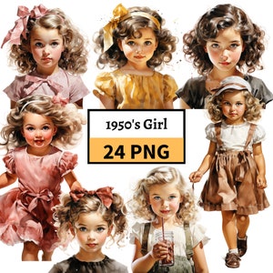 Retro kleine meisje clipart bundel, jaren 1950 meisje clipart, jaren 1950 kleine meisje PNG, vintage schattig meisje sublimatie, transparante PNG, papier ambachten
