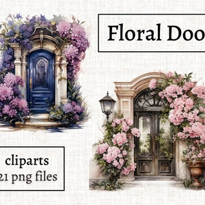 Watercolor Floral Door Clipart Bundle, Romantic Door PNG Set, Parisian Aesthetic Graphics, Door With Flowers PNG, Spring Clipart, Commercial