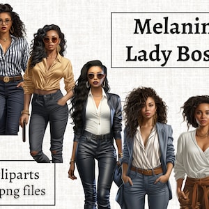 Lady Boss Clipart Bundle, Denim Girls Clipart, African American Lady Boss PNG, Fashion Girl Clipart, Black Boss Babe Illustration, Afro Girl