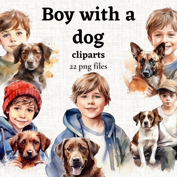 Boy With a Dog Clipart, Boy and Dog Clipart Bundle, Cute Boy Graphics, Cute Dog Illustration, Watercolor Dogs, Dogs Lovers Print, Commercial