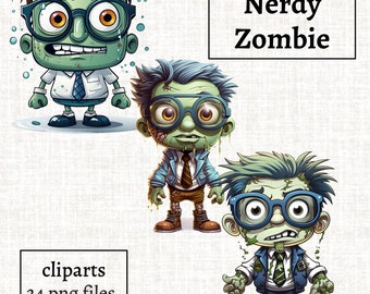 Nerdy Zombie Clipart, Cute Zombie Clipart, Halloween Zombie PNG, Halloween Party Designs, Zombie Characters, halloween graphics