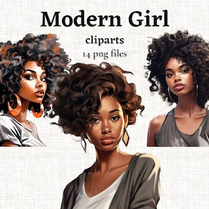 Black Girl Clipart, Modern Girl Clipart, African American Girl PNG, African Woman Illustration, Afro Girl Graphics, Afro Hair Clipart PNG