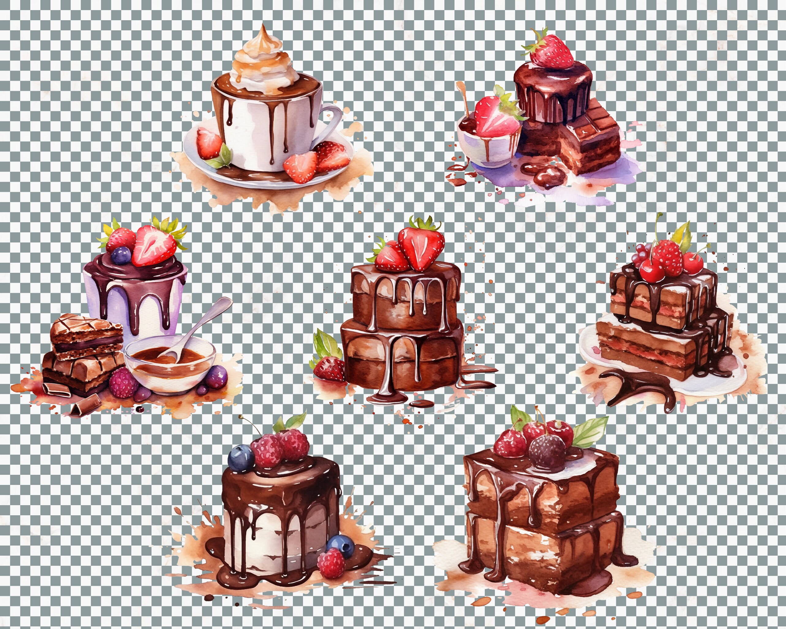 Chocolate Dessert Clipart Bundle Watercolor Chocolate Cakes - Etsy