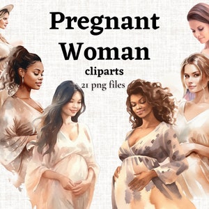 Bundle de cliparts femme enceinte, clipart grossesse, clipart future maman, images maternité, femme naturelle PNG, esthétique neutre PNG, commercial