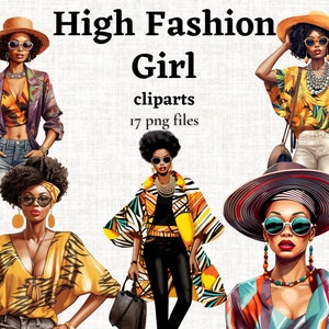 Fashionista Mädchen Clipart, afroamerikanische Frau PNG, Mode Mädchen Grafiken, schwarze Mädchen Mode Clipart, schwarze Mädchen Magie Clipart Bundle