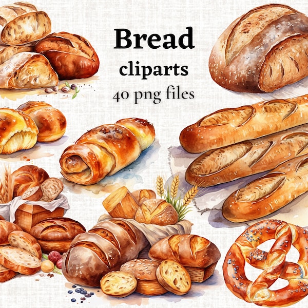 Watercolor Bread Clipart, Bakery Clipart, Bread Basket, French Baguette PNG, Pretzel Clipart, Bread and Rolls for Commercial Use, Baking png