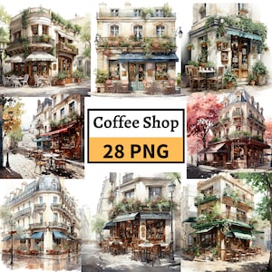 French Cafe Clipart Bundle, Watercolor Coffeeshop Illustration, Cozy cafe Bundle PNG, Cafe Window PNG, Cafe interior Clipart, Commercial Use