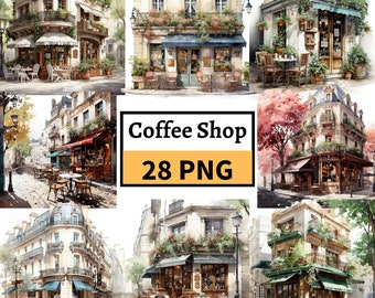 French Cafe Clipart Bundle, Watercolor Coffeeshop Illustration, Cozy cafe Bundle PNG, Cafe Window PNG, Cafe interior Clipart, Commercial Use