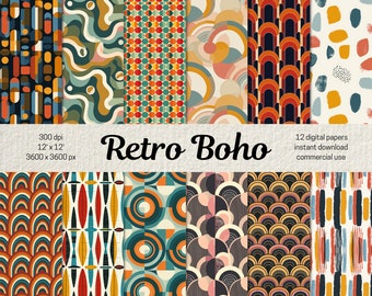 Retro Boho Digital Papers, Bohemian Seamless Pattern for Scrapbooking Junk Journal, Boho Backgrounds Boho Patterns, Commercial Use Papers