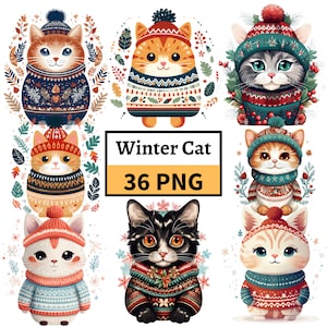 Clipart de chat de Noël, illustration de chat d'hiver, graphiques de pull moche, chat en pull de Noël, graphiques mignons pour l'artisanat numérique en papier PNG