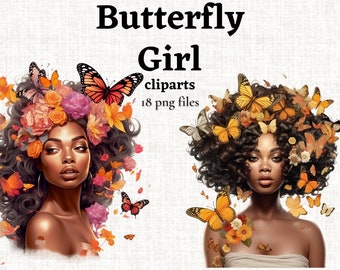 Butterfly Girl Clipart, Floral Girl PNG, Chic African American Woman Clipart, Black Woman Natural Hair, Black Girl Clipart PNG, Commercial