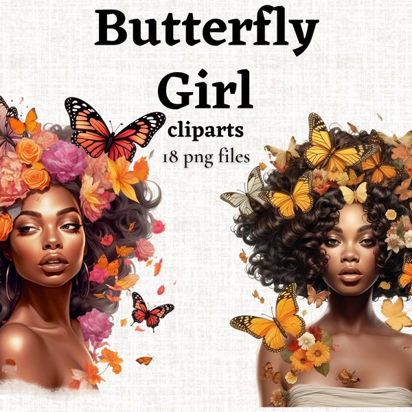 Butterfly Girl Clipart, Floral Girl PNG, Chic African American Woman Clipart, Black Woman Natural Hair, Black Girl Clipart PNG, Commercial