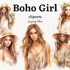 Boho Girl Clipart, Natürliches Mädchen PNG, Natürlicher Sommer Mädchen, Neutrale ästhetische Modebilder, Sommermode für Frauen Grafiken, Boho Stil