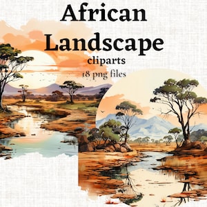 Pacchetto Clipart paesaggio africano, Clipart Africa acquerello, Sfondi Safari PNG, Grafica paesaggio Safari, Sublimazione Safari, Digitale