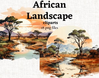 African Landscape Clipart Bundle, Watercolor Africa Clipart, Safari Backgrounds PNG, Safari Landscape Graphics, Safari Sublimation, Digital