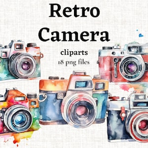 Retro Camera Clipart Bundle, Vintage Camera PNG, Watercolor Camera Picture, Watercolor Vintage Camera, Photography Clipart, Commercial Use