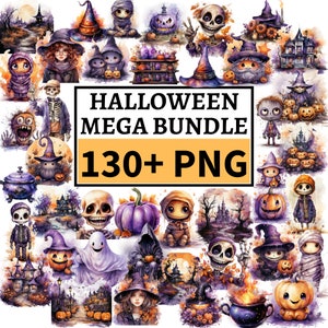 MEGA HALLOWEEN BUNDLE, 130+ Halloween Designs, Lila Halloween Cliparts, Aquarell Spooky Season Grafiken, Halloween Mega Bundle, Png Set