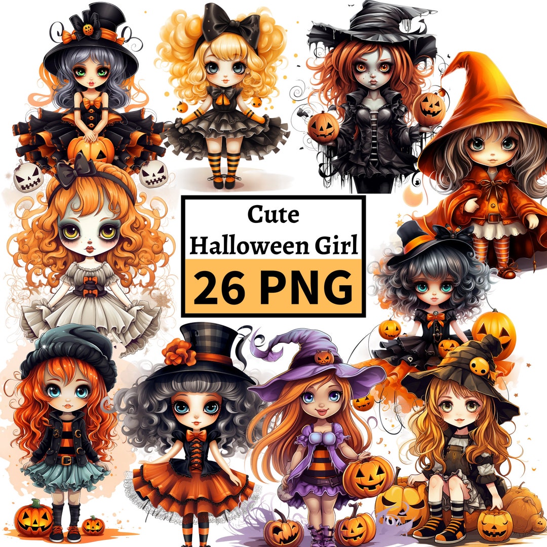 Halloween Girl Clipart Bundle, Cute Halloween Witch Illustrations ...