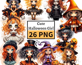 Halloween Girl Clipart Bundle, Cute Halloween Witch Illustrations, Halloween Download, Instant Download, Holiday Illustrations, Witch