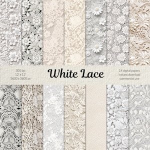Fond de dentelle blanche, paquet de papier numérique de mariage blanc, papier de scrapbooking blanc, papiers numériques pour scrapbooking, pages de journal indésirable PNG