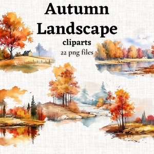 Autumn Landscape Clipart, Fall Scenery CLipart Bundle, Watercolor Autumn Clipart, Fall Graphics, Watercolor Fall Trees PNG, Commercial Use