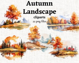 Autumn Landscape Clipart, Fall Scenery CLipart Bundle, Watercolor Autumn Clipart, Fall Graphics, Watercolor Fall Trees PNG, Commercial Use