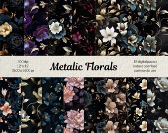 Dark Floral Digital Paper Dark Academia Seamless Pattern for Scrapbooking Metalic Florals Background for Junk Journals Dark Flowers Pattern