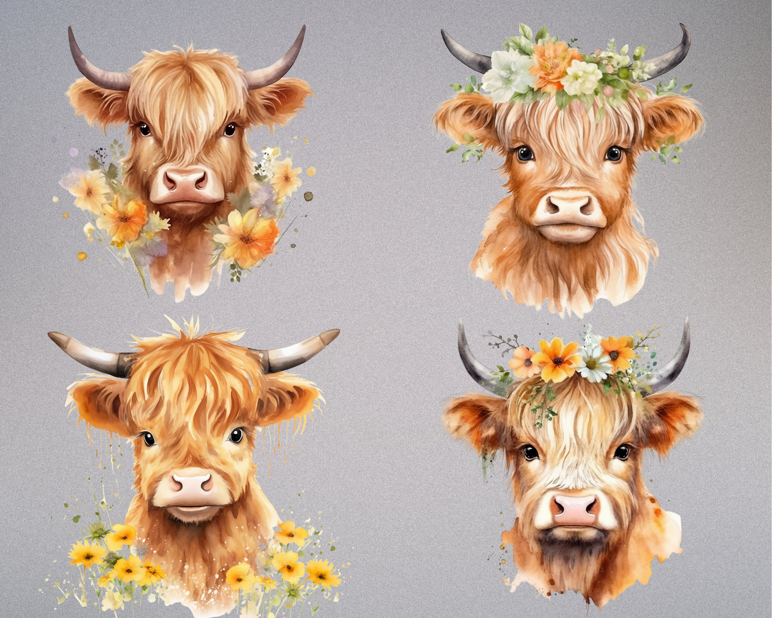Cute Highland Cow Clipart Watercolor Floral Highland Cow - Etsy