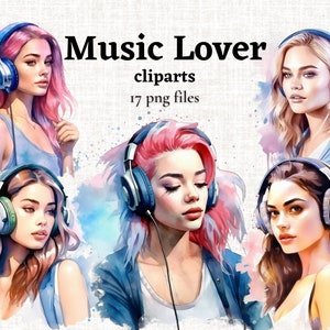 Chica con auriculares Clipart, Music Lover Clipart, Música PNG Clipart, Acuarela Música Clipart, Music Girl PNG, Escuchando las imágenes musicales