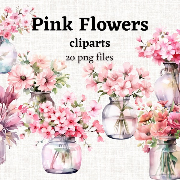 Pink Flowers Clipart, Watercolor Pink Flowers PNG, Watercolor Floral Bouquets Clipart, Pink Flowers in a Vase Clipart, Commercial Use FLower