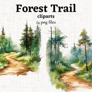 Clipart del sentiero forestale, PNG del sentiero forestale dell'acquerello, Set di clipart digitali della foresta, Clipart degli alberi dell'acquerello, Scena della foresta, Paesaggio della foresta PNG