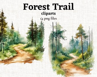 Forest Trail Clipart, Watercolor Forest Path PNG, Forest Digital Clipart Set, Watercolor Trees Clipart, Forest Scene, Forest Landscape PNG