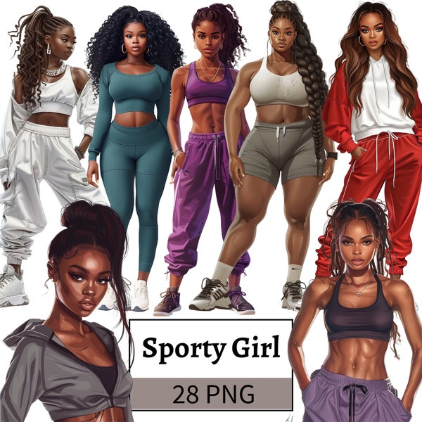 Sportliche Mädchen Illustration, Afroamerikaner 2020 schwarzes Mädchen, Schönes Mädchen Clipart Bundle, Mode Damen PNG, Mode Illustrationen Bundle