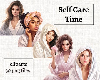 Self Care Time Clipart, SPA Clipart Bundle, Self Love PNG, Mindfulness Clipart, Woman in Bathrobe Graphics, Feminine Skincare Clipart Makeup