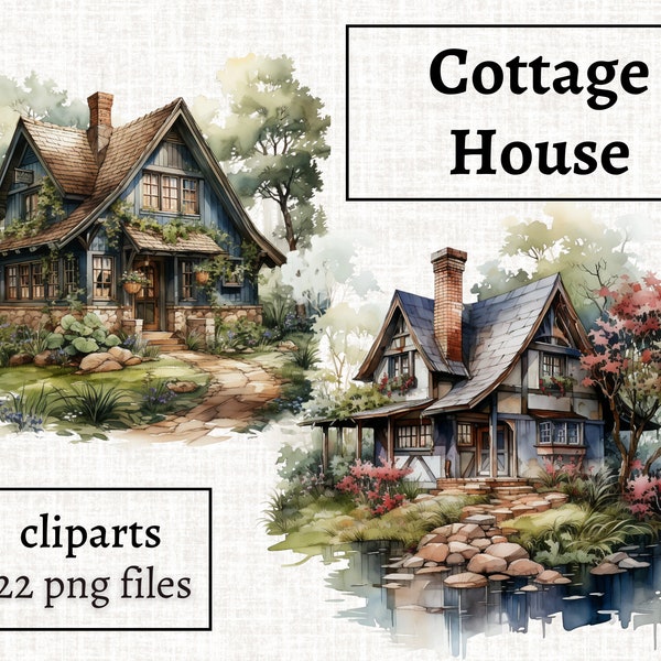 Cottagecore Clipart, Cottage House Clipart Bundle, Watercolor Farmhouse PNG, Farmers House PNG, Country Cottage Clipart, Commercial Use PNG