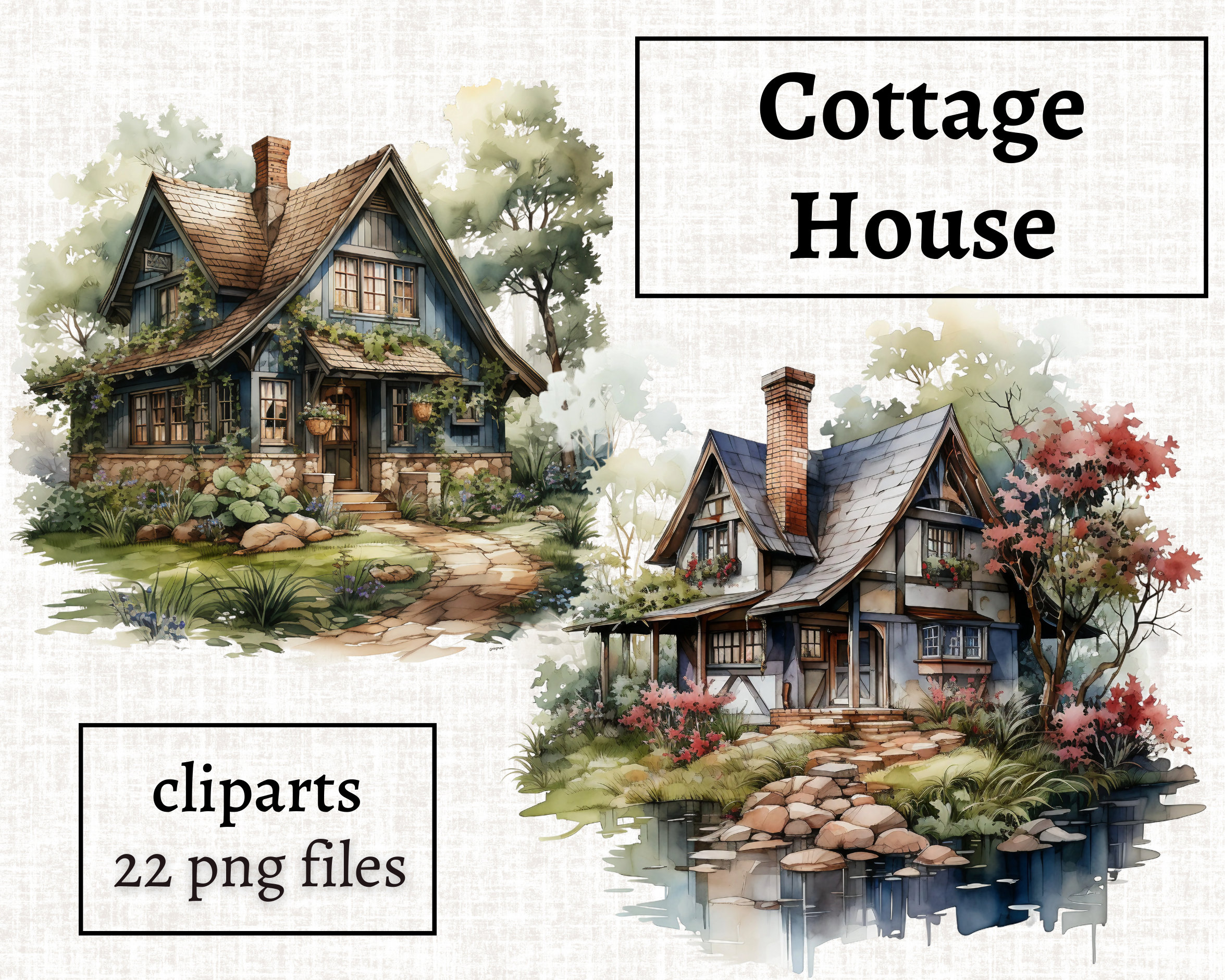 Cottagecore Clipart, Cottage House Clipart Bundle, Watercolor Farmhouse PNG, Farmers House PNG, Country Cottage Clipart, Commercial Use PNG