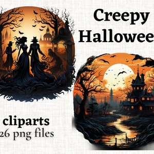 Creepy Halloween Clipart, Scary Horror Watercolor Clipart, Halloween Scene PNG, Creepy Zombie PNG, Horror Scene Clipart, Dark aesthetic PNG