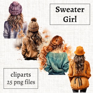 Pullover Mädchen Cliparts, Pullover Wetter Clipart Bundle, Mädchen im Pullover PNG, Strickpullover Illustration, Gemütliche Herbst Designs, Mode Mädchen