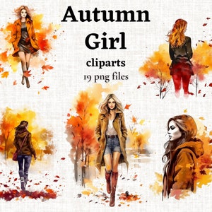 Imágenes prediseñadas de niña de otoño, imágenes prediseñadas de otoño de acuarela, imágenes prediseñadas de otoño PNG, gráficos de hojas que caen, ilustración de hojas de naranja, hojas de otoño amarillas