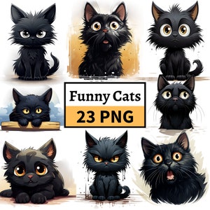 Clipart drôle de chat, Illustration de chat grincheux, chat noir PNG Bundle, icônes de chaton noir Kitty Illustrations d'animaux de compagnie Amoureux des chats Designs Commercial