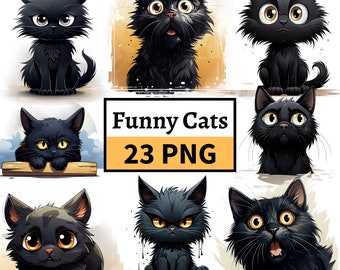 Funny Cat Clipart, Grumpy Cat Illustration, Black Cat PNG Bundle, Black Kitten Kitty Icons Pet Illustrations Cat Lovers Designs Commercial