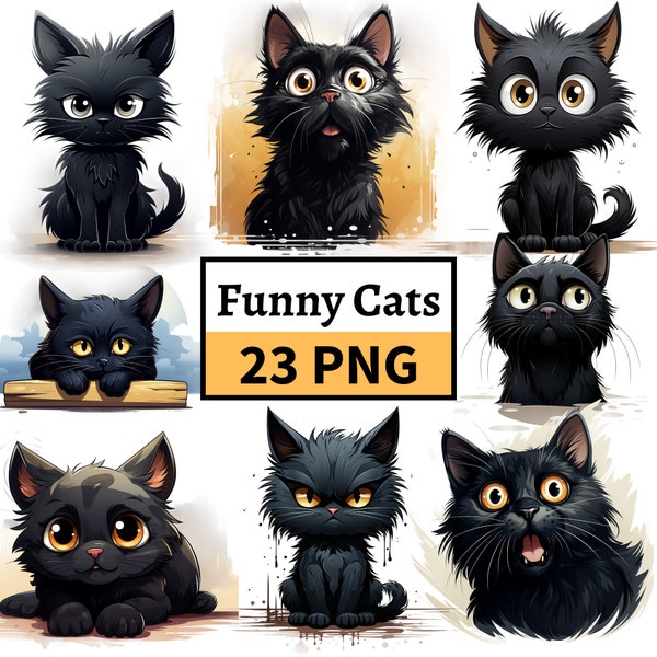 Funny Cat Clipart, Grumpy Cat Illustration, Black Cat PNG Bundle, Black Kitten Kitty Icons Pet Illustrations Cat Lovers Designs Commercial