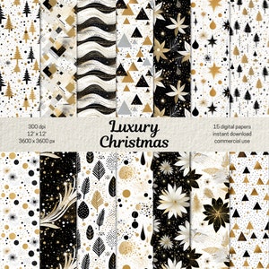 Carta digitale natalizia, modelli natalizi in oro bianco nero, carta per album natalizi, documenti digitali per scrapbooking, pagine di diario spazzatura